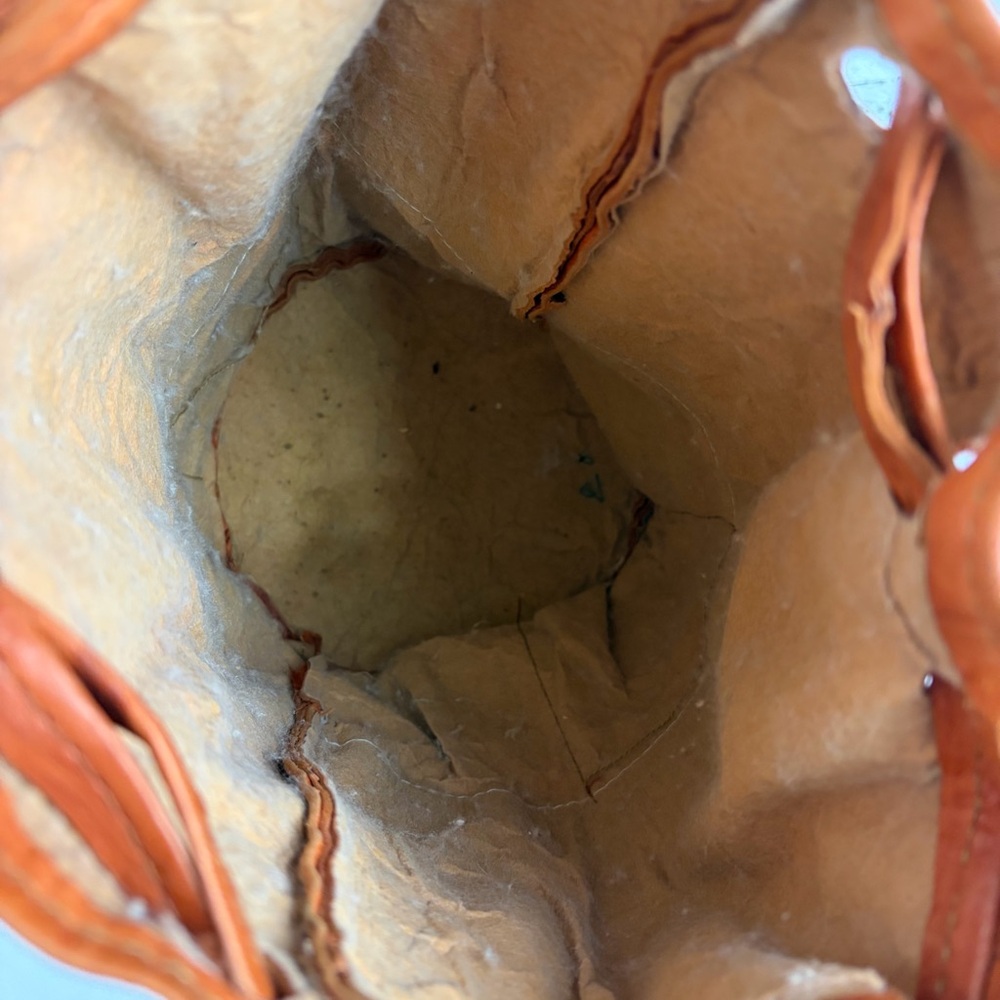 VTG Genuine Leather Drawstring Whipstitch Patchwork Bucket Bag Vintage - Picture 8 of 12